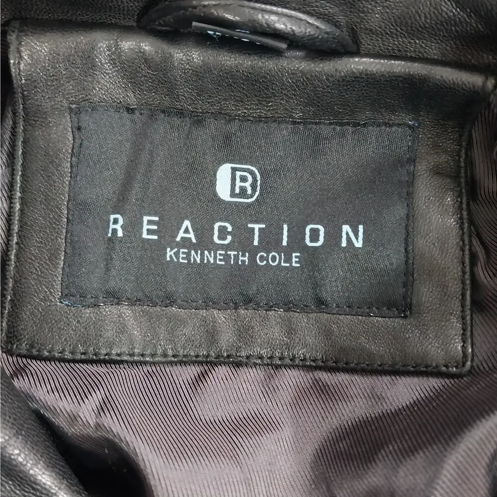 KENNETH COLE REACTION! BLACK GENUINE LAMB LEATHER STADIUM LENGTH COAT! SZ M
